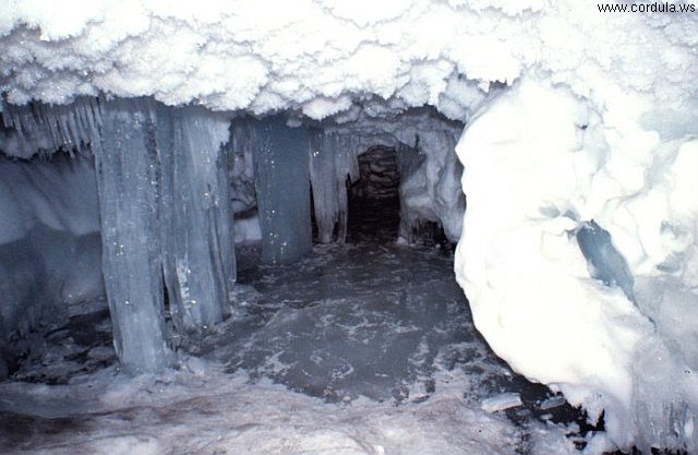 Cordula's Web. NOAA. Ice stalactites, columns of ice, refrozen floor of cave, and ice crystals.