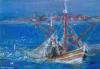 Cordula's Web. Small ship on blue sea, by M. H. L.